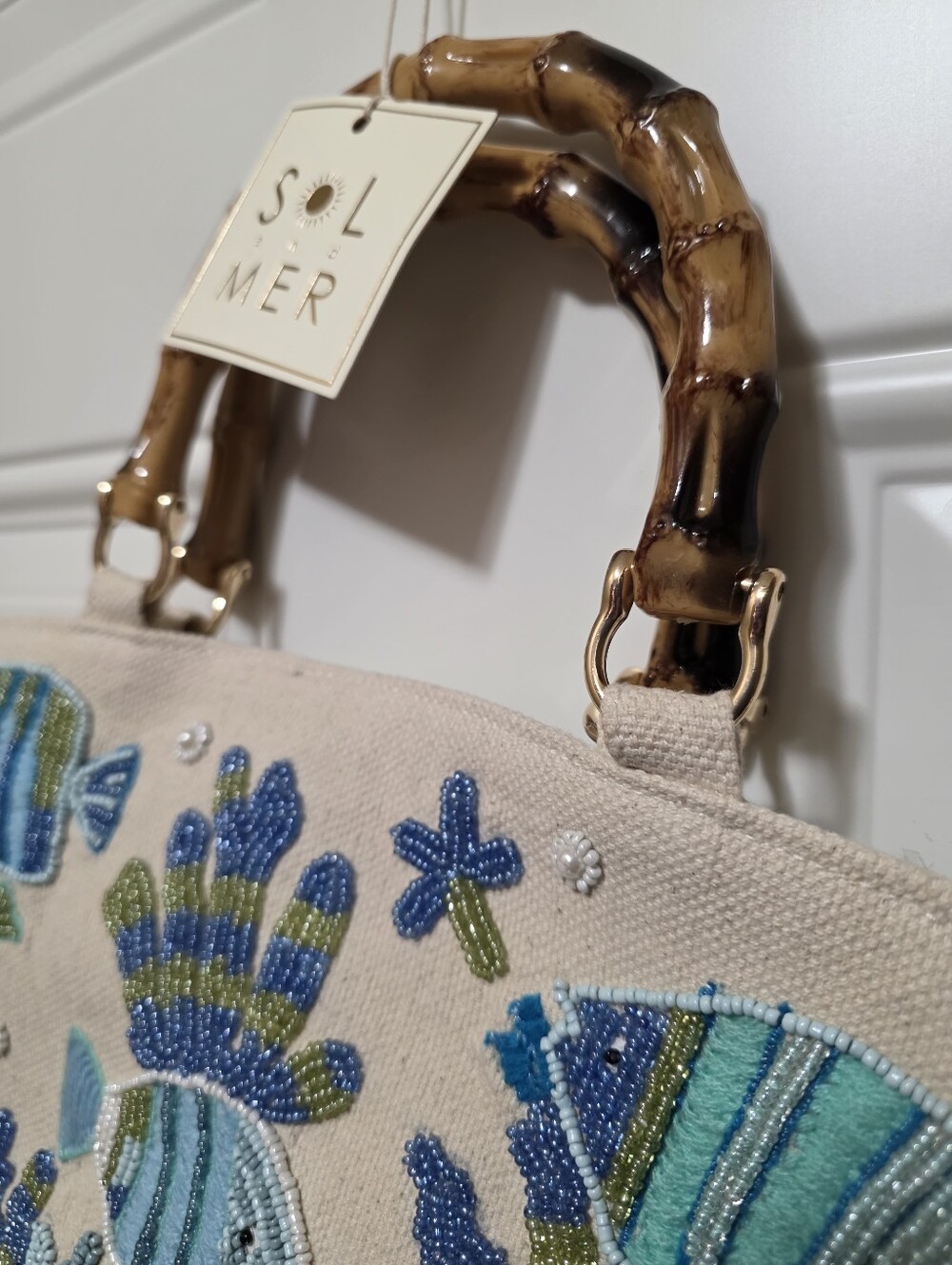 SOLE AND MER Beaded Embroidered Tote Bag with Shoulder Strap Fish Ocean NWT - Picture 4 of 11